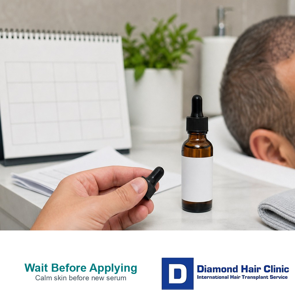 Closed serum bottle beside a recovering hair transplant scalp and calendar before product use
