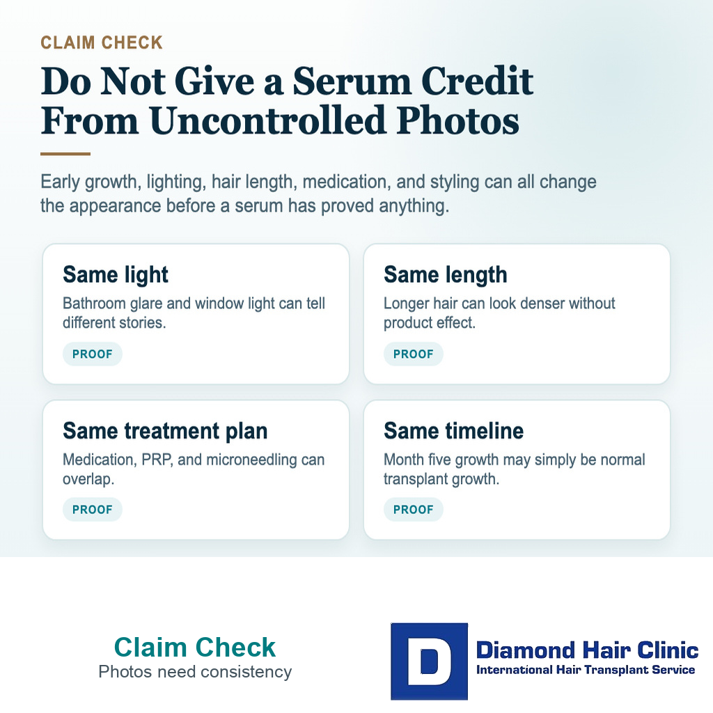 Visual explaining how to judge early copper peptide serum improvement claims after hair transplant