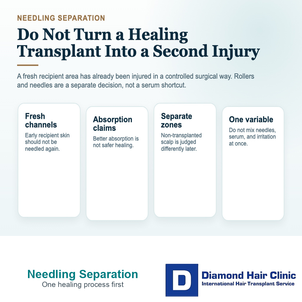 Visual explaining why microneedling and copper peptide serums should be separated after hair transplant