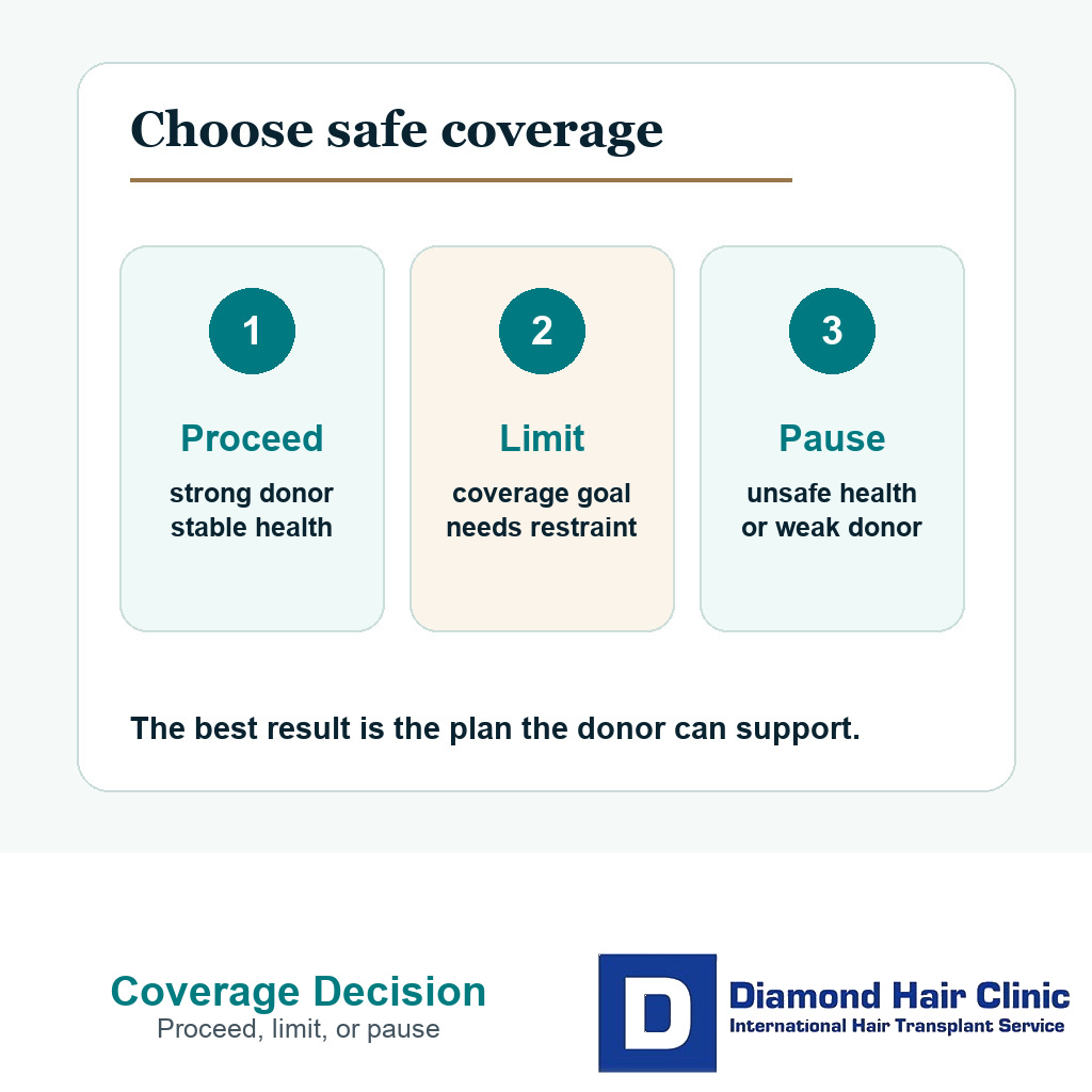 Decision card showing when to proceed, limit the plan, or pause a hair transplant after age 40 or 50.