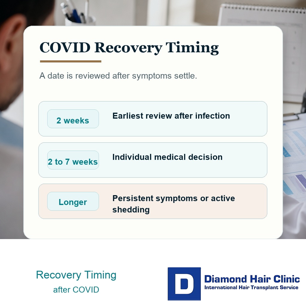 COVID recovery timing card showing two weeks two to seven weeks and longer waiting after symptoms