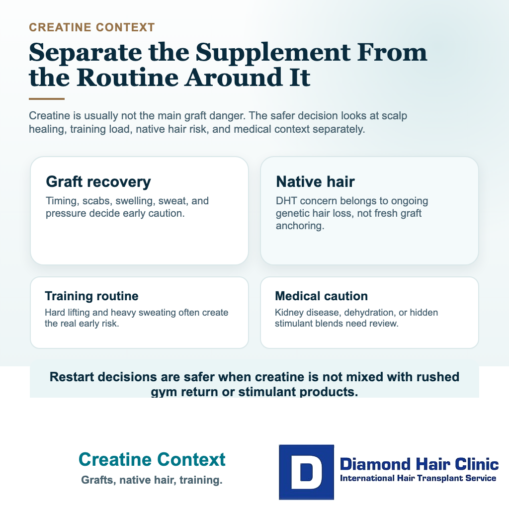Can I Take Creatine After a Hair Transplant? visual separating graft recovery, native hair, training, and medical context