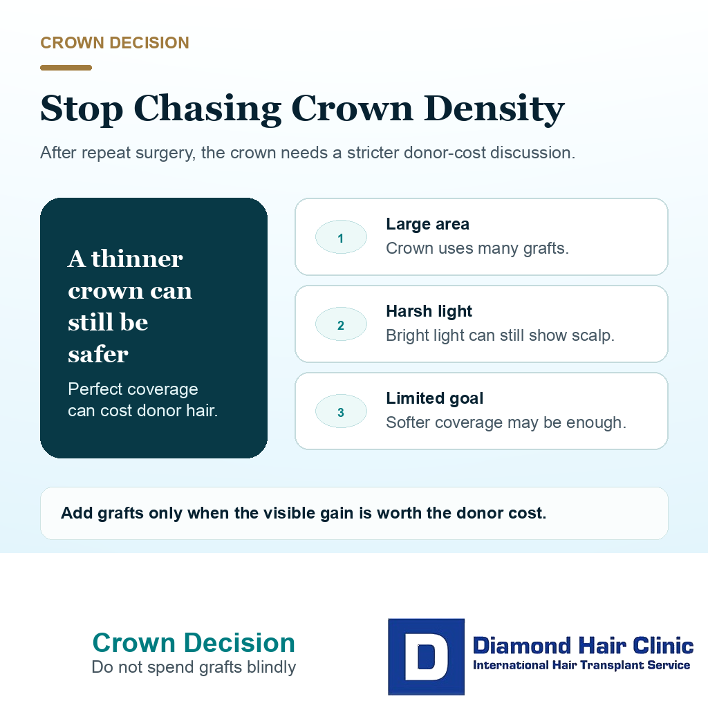 Support visual explaining why chasing perfect crown density can waste donor grafts after previous hair transplants