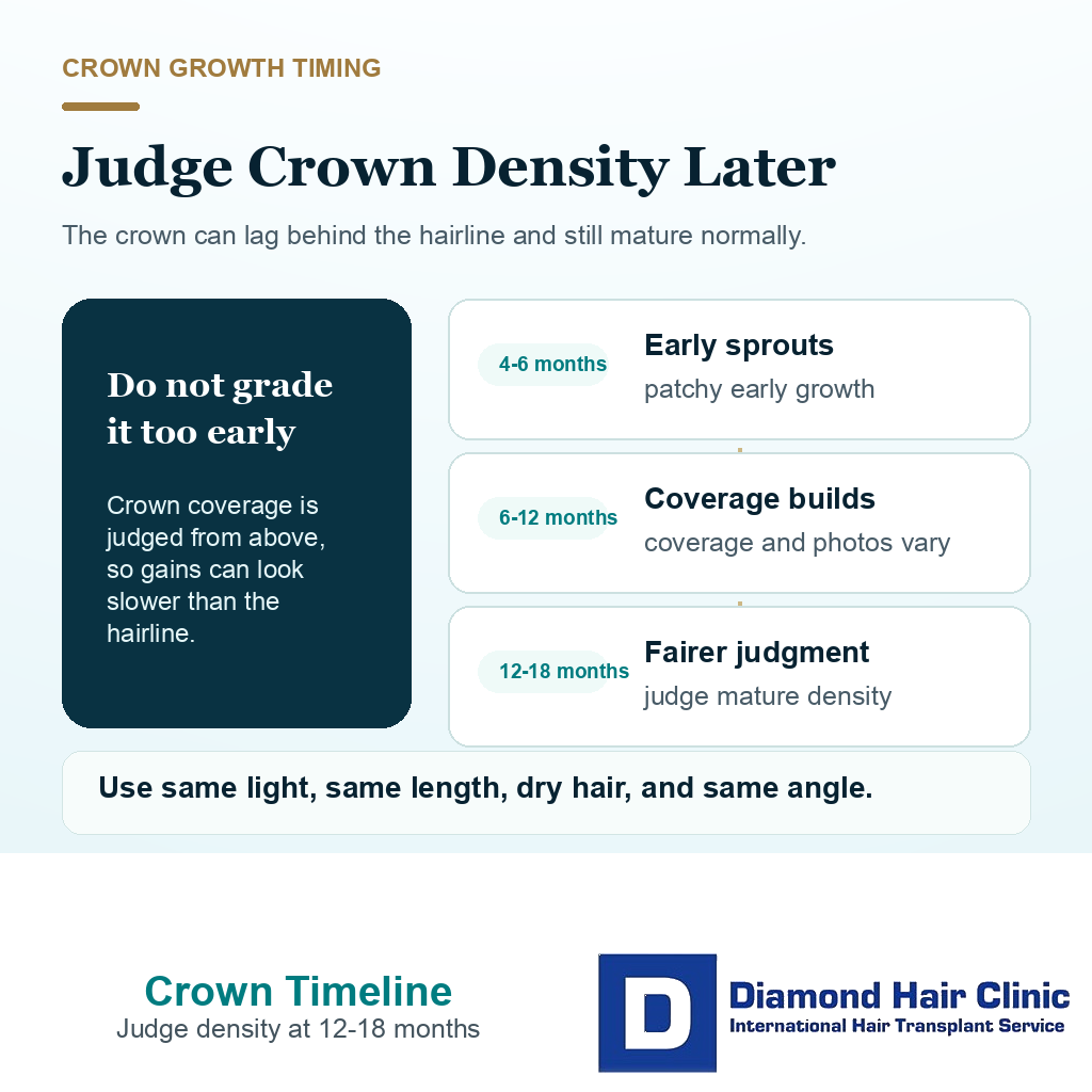 Support visual explaining why crown hair transplant density should usually be judged around 12 to 18 months