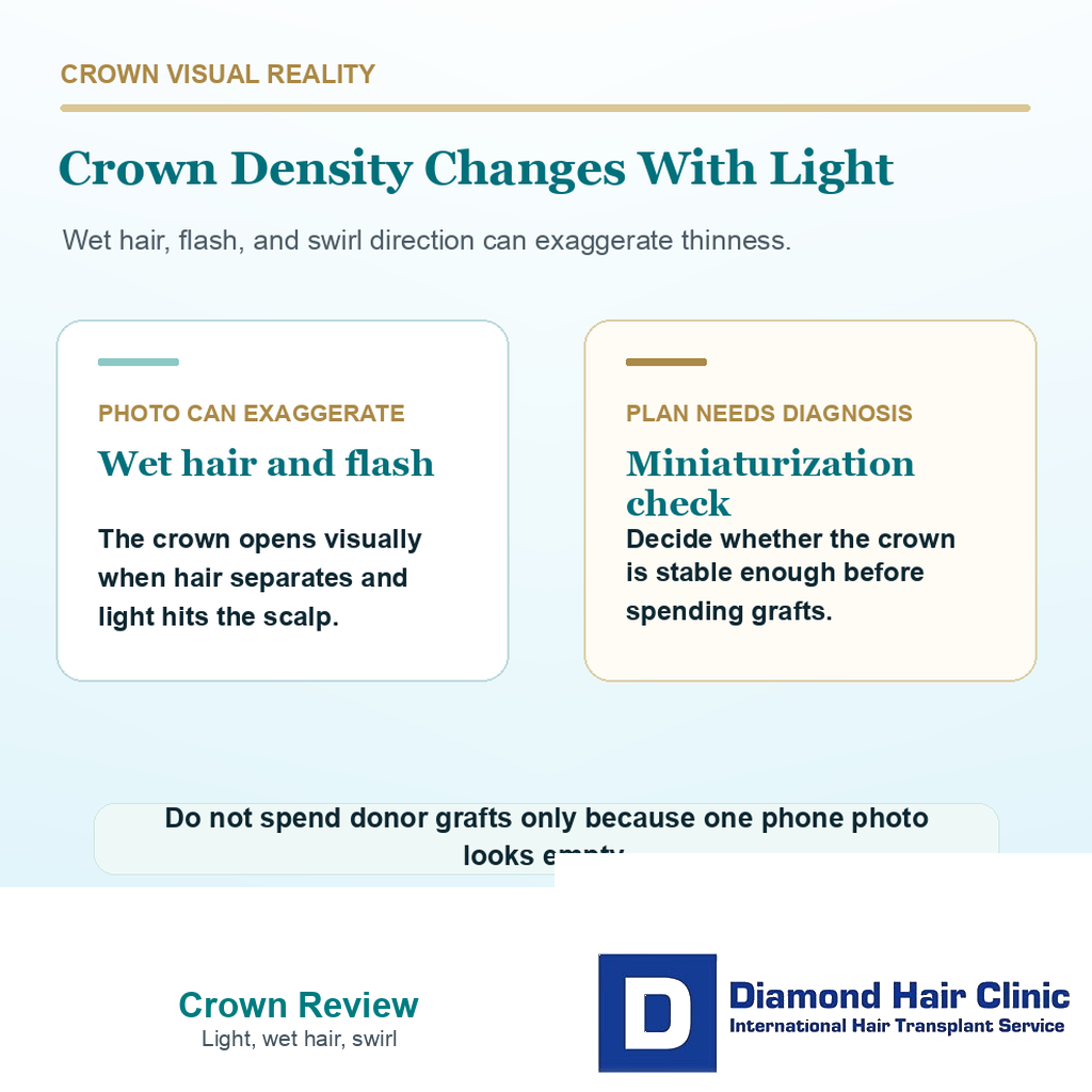 Support card explaining how light wet hair and crown swirl direction affect crown hair transplant judgment