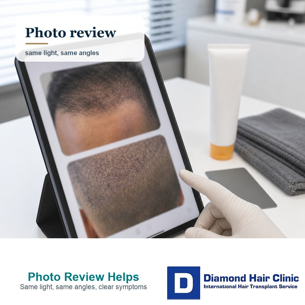 Clinic photo review comparing the recipient area after FUE in consistent lighting
