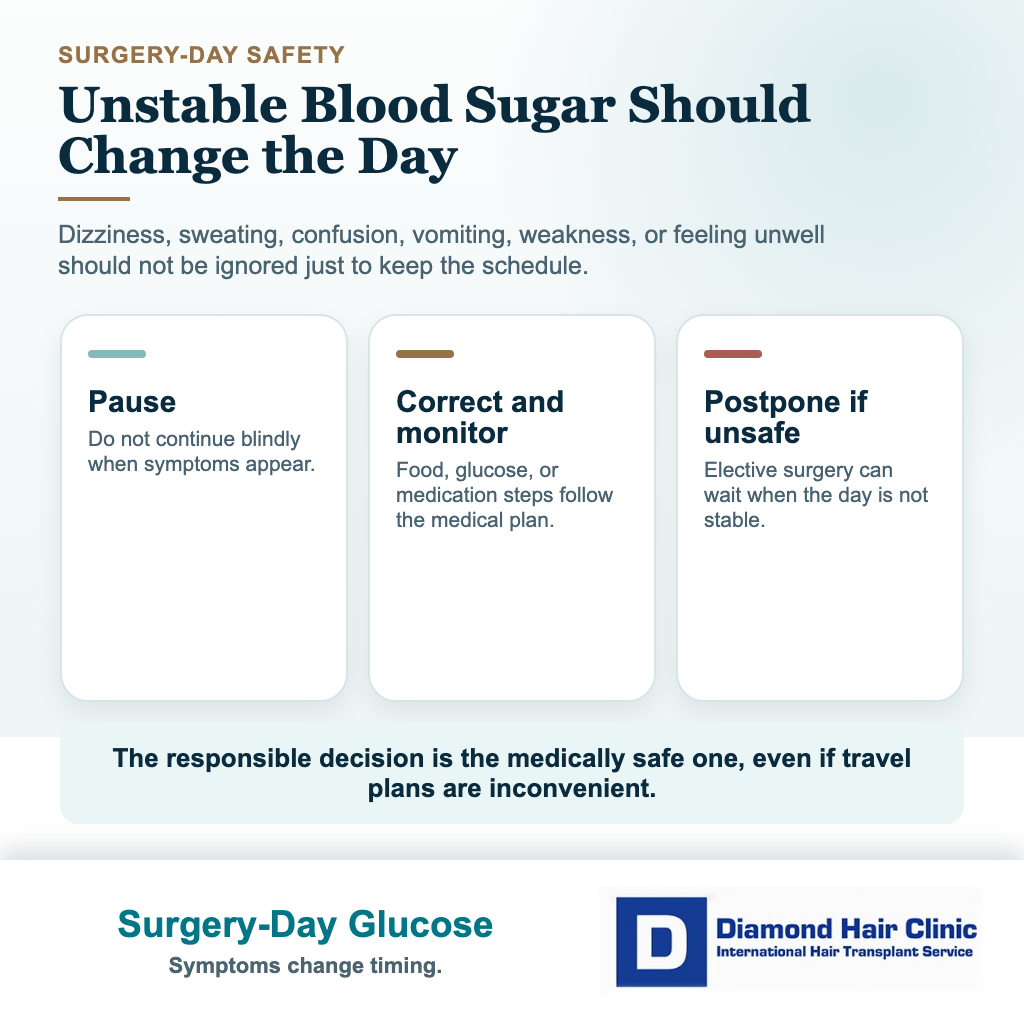 Visual explaining what should happen if blood sugar is unstable on hair transplant surgery day for a diabetic patient