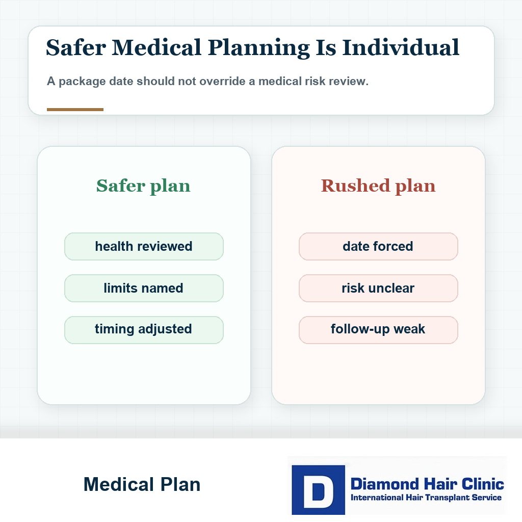 Comparison card showing safer medical planning before hair transplant surgery with diabetes
