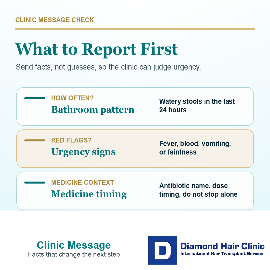 Support card showing what diarrhea details to report to the clinic after hair transplant surgery.