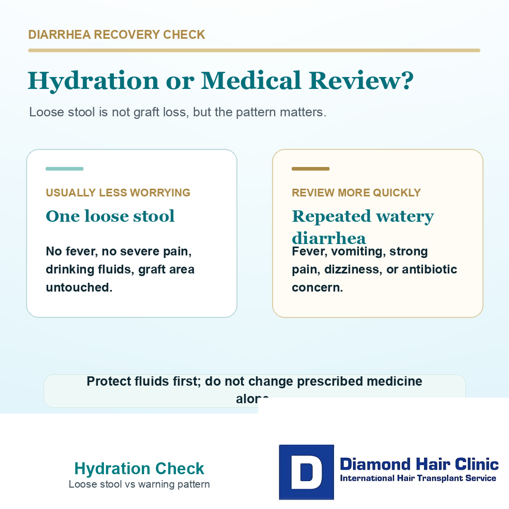 Support card explaining hydration and warning signs when diarrhea happens after hair transplant surgery