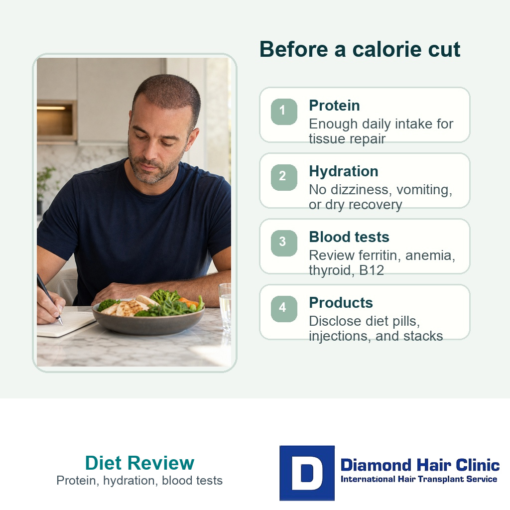 Visual explaining protein hydration and blood test review before dieting during hair transplant recovery