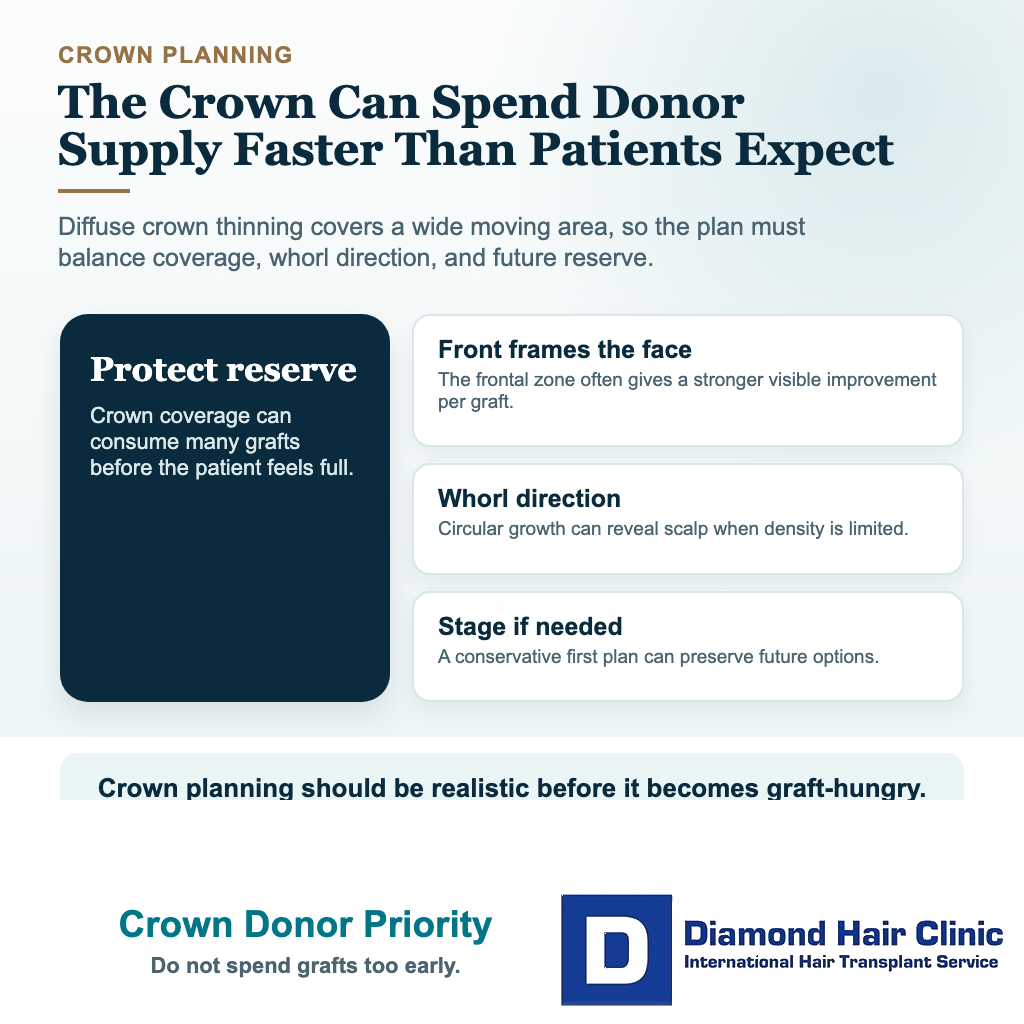 Visual explaining why crown diffuse thinning can require cautious donor planning compared with frontal hair transplant work.