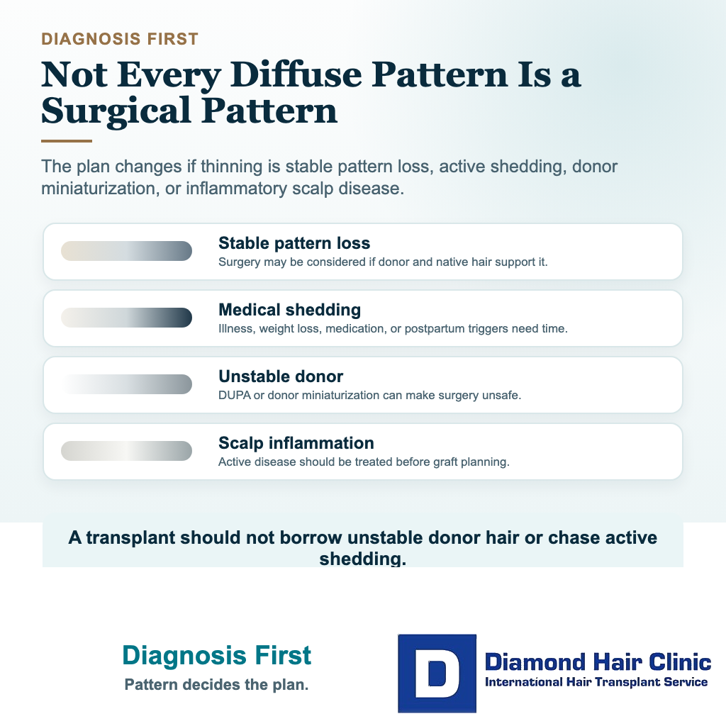 Visual explaining that diffuse thinning needs diagnosis before hair transplant planning, including pattern loss, shedding, donor instability, and scalp disease.