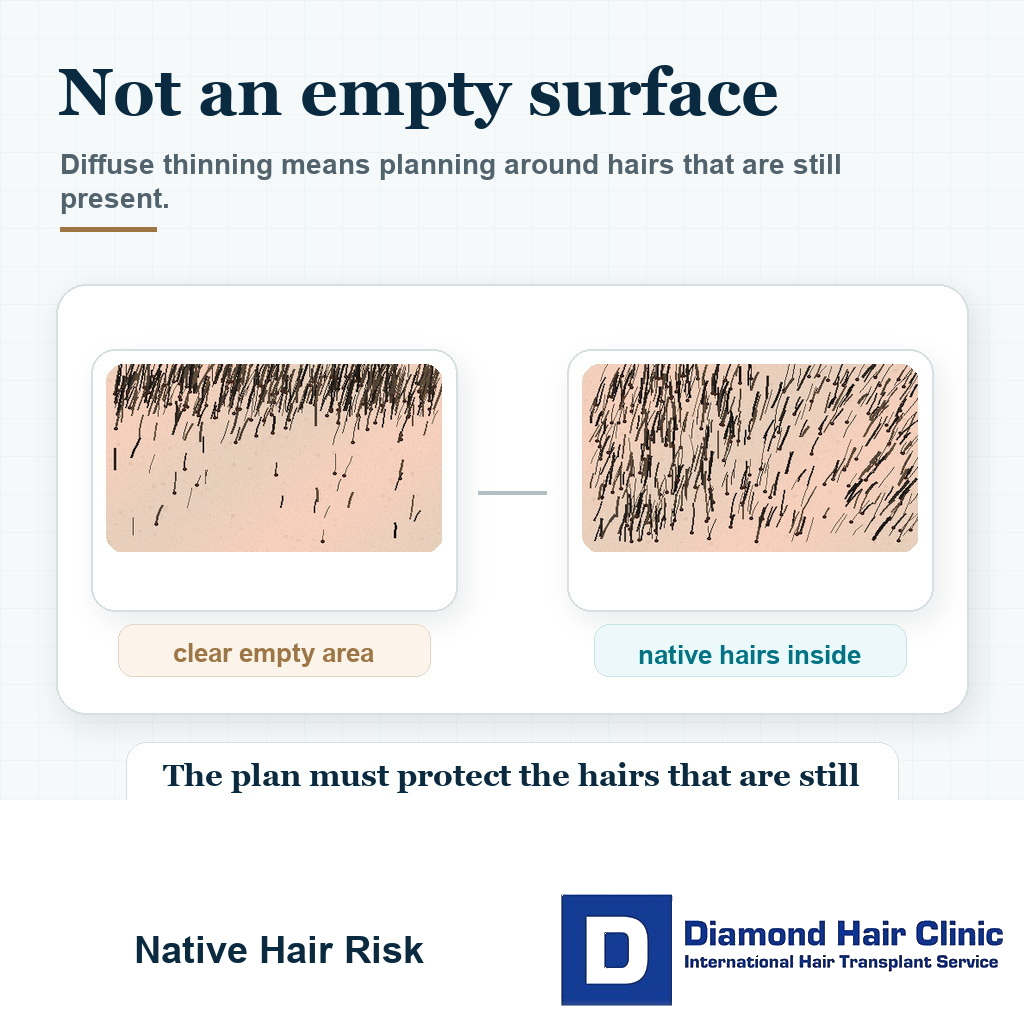 Visual showing diffuse thinning is not an empty scalp surface because native hairs are still present in the transplant area