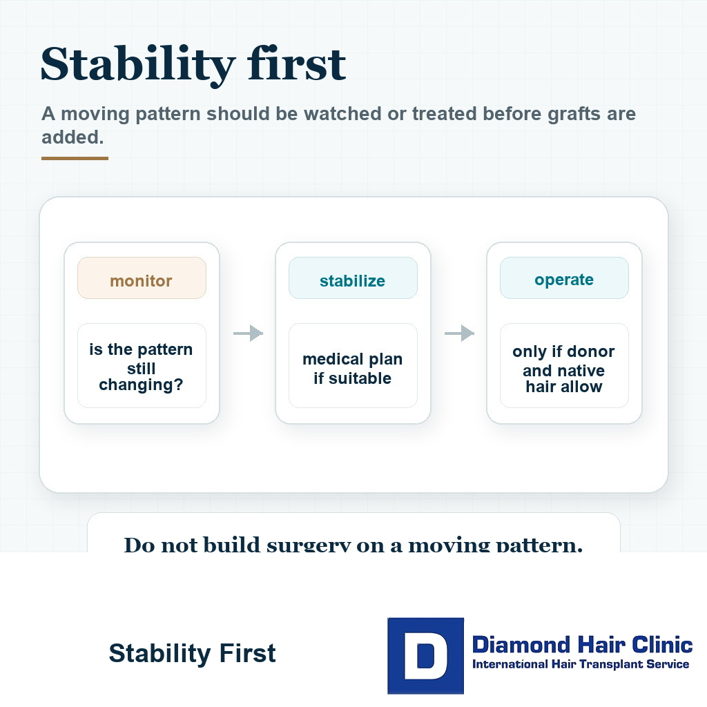 Visual explaining that diffuse thinning should be stabilized before adding hair transplant grafts