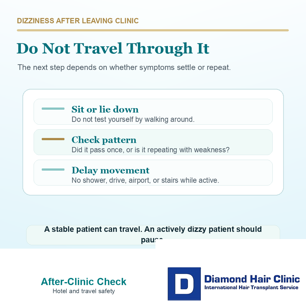 Support card explaining hotel and travel safety if dizziness happens after hair transplant surgery