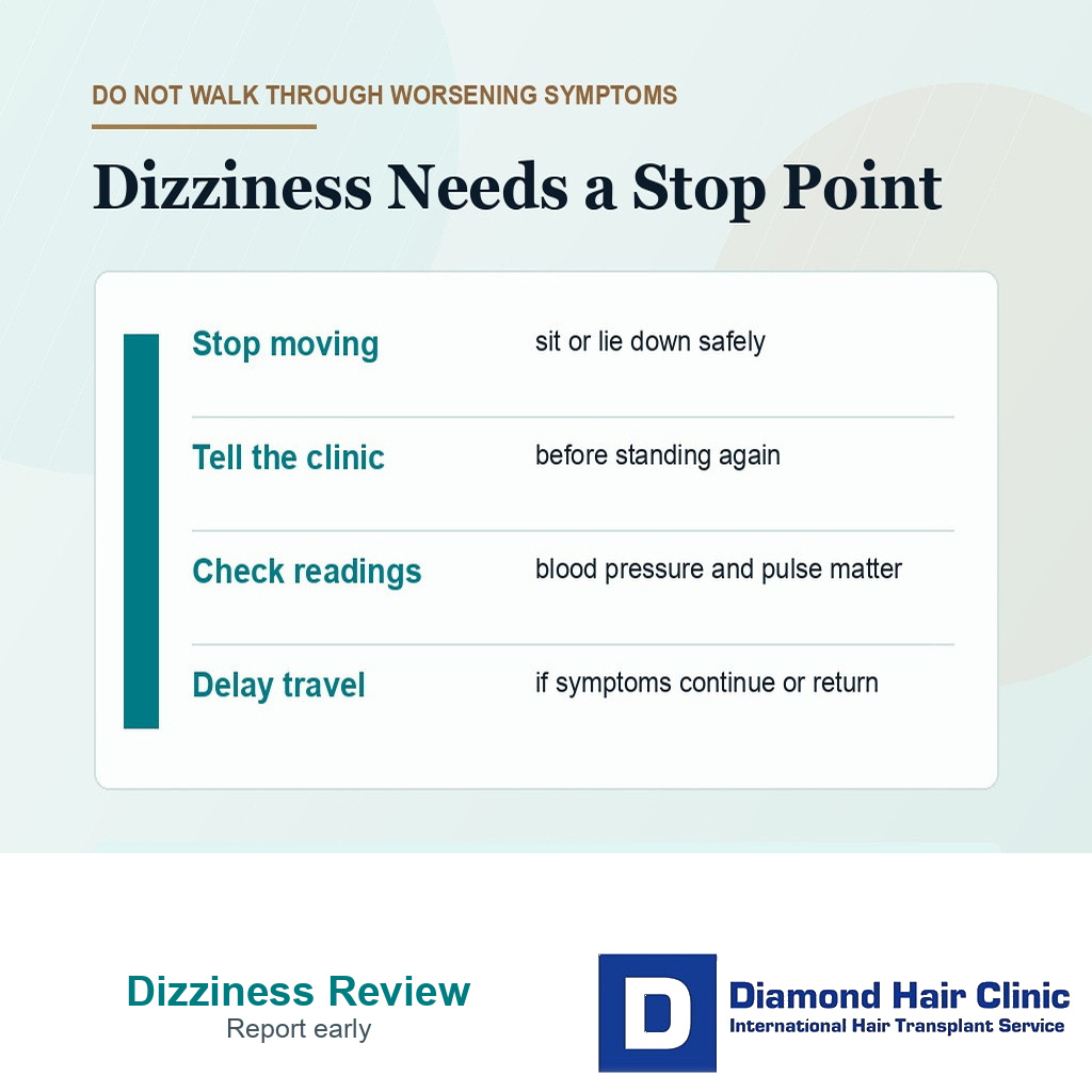 Information card showing what to do when dizziness or fainting warning signs appear around hair transplant surgery