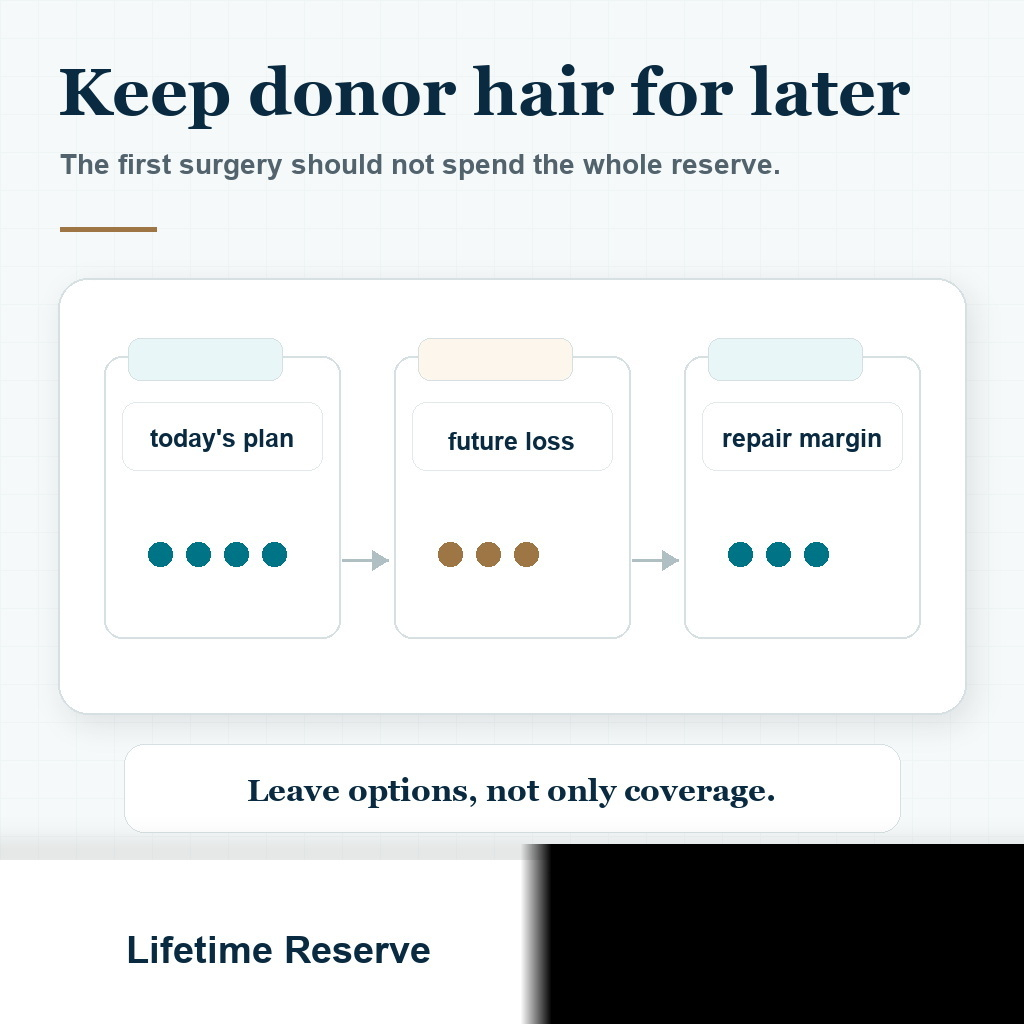Visual showing hair transplant donor hair as a limited lifetime reserve that should not be spent too quickly