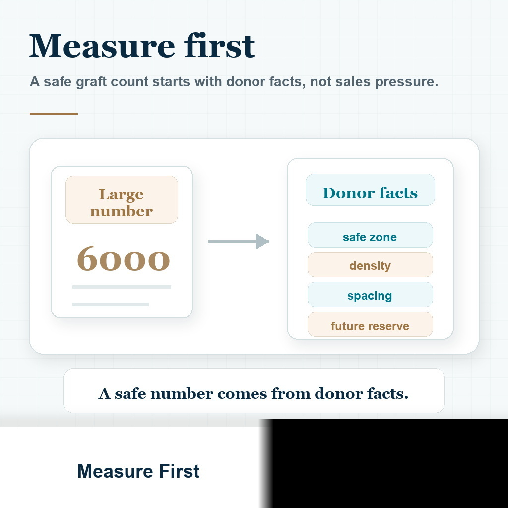 Visual showing donor area measurement should come before a large hair transplant graft number