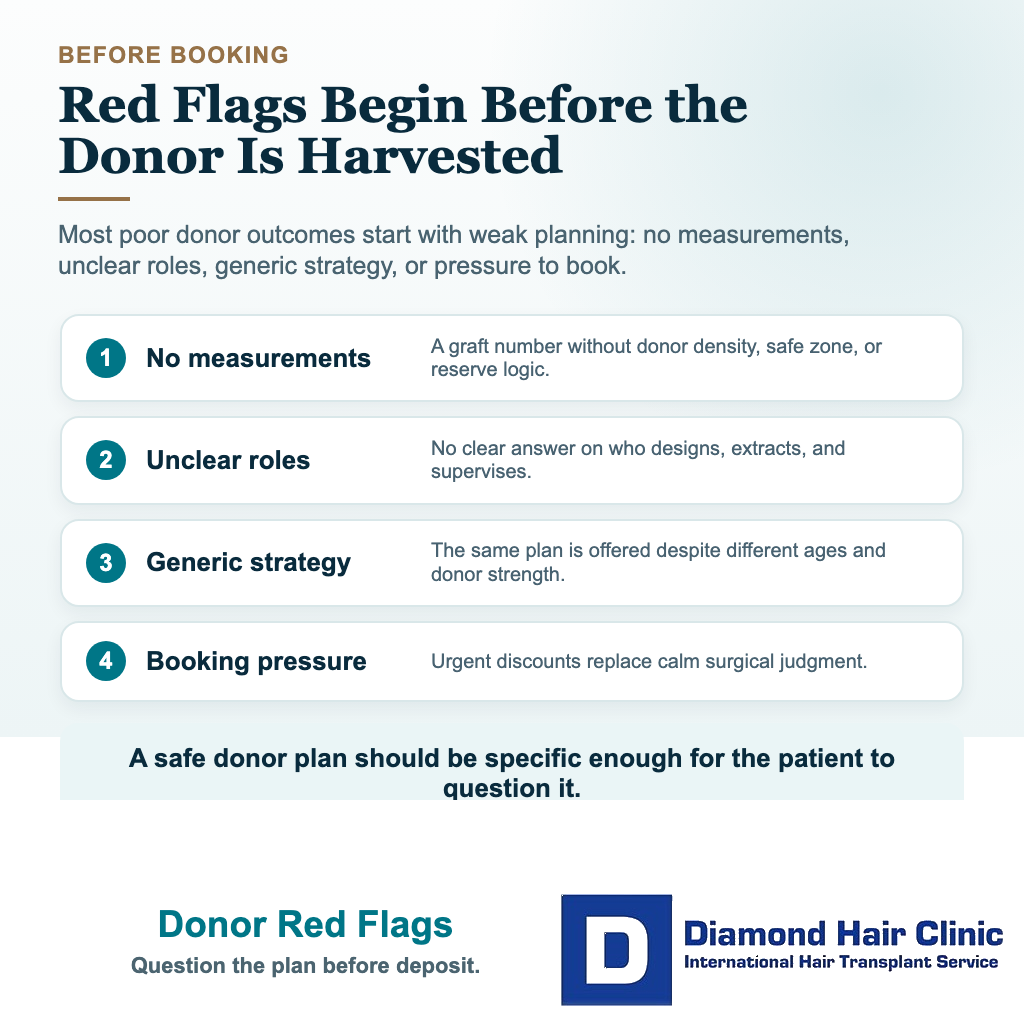 Visual showing donor planning red flags before committing to a hair transplant clinic
