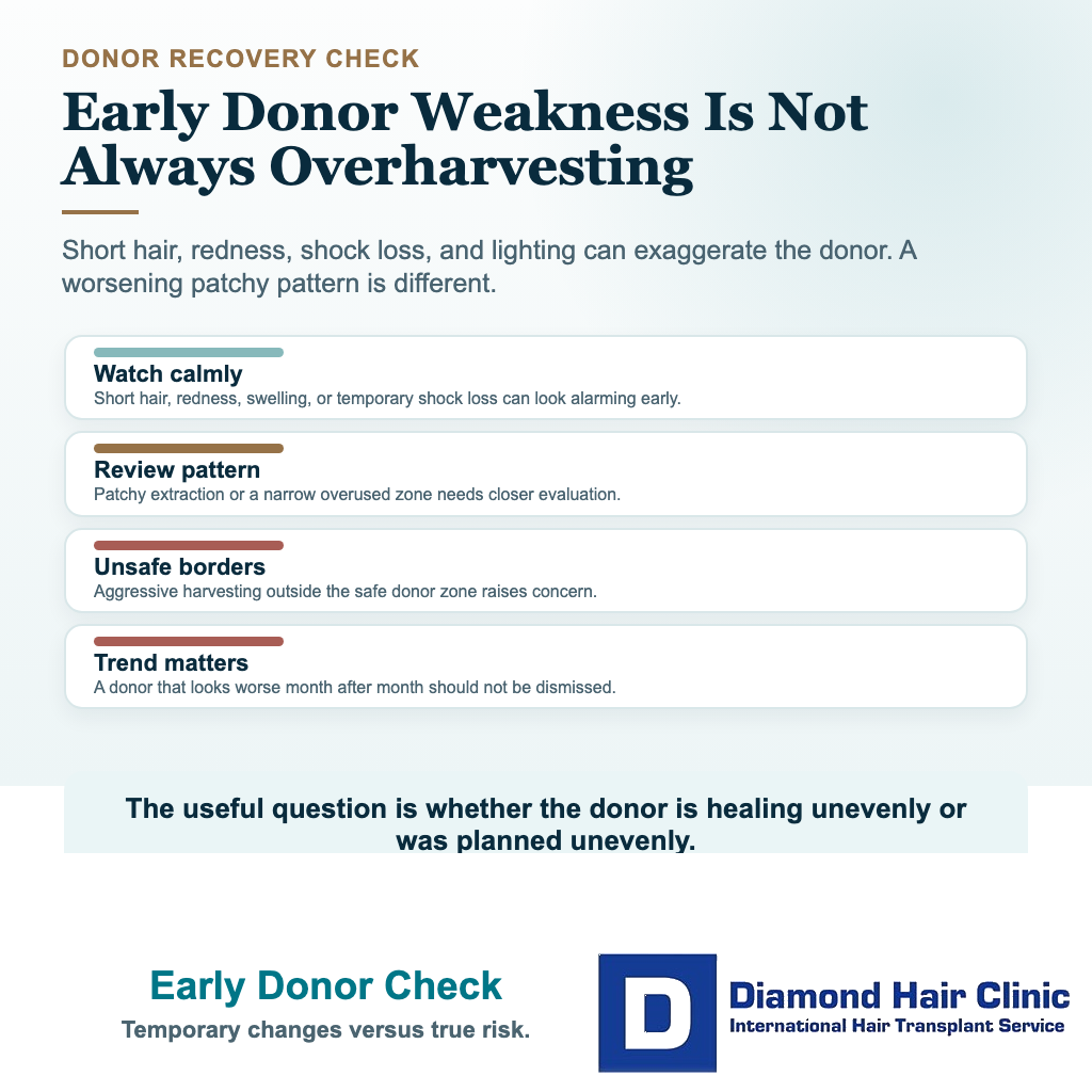 Visual explaining when early donor area weakness may be temporary and when it may suggest overharvesting risk