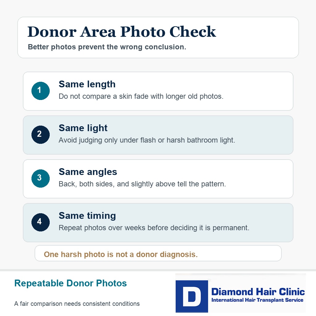 Information card showing how to photograph a patchy donor area after FUE for proper assessment