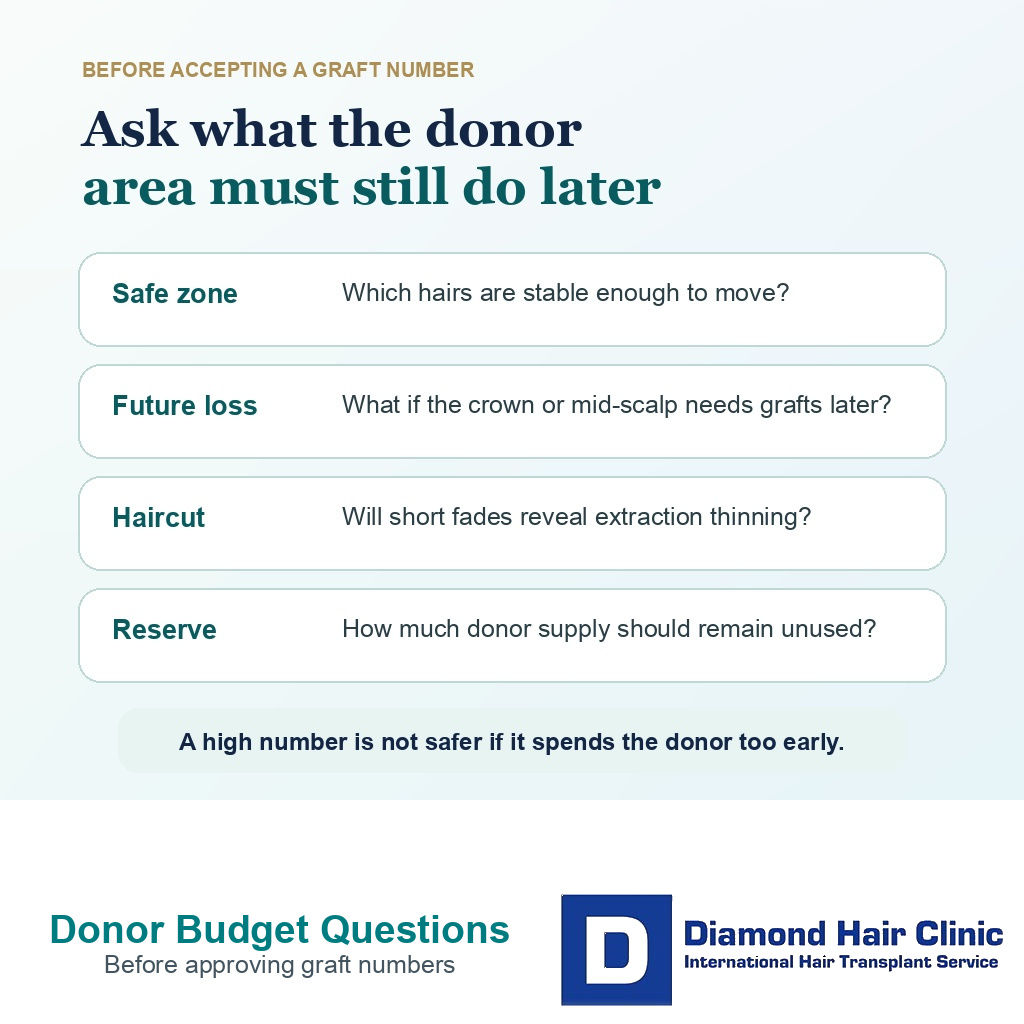 Information card listing donor reserve questions before accepting a hair transplant graft number