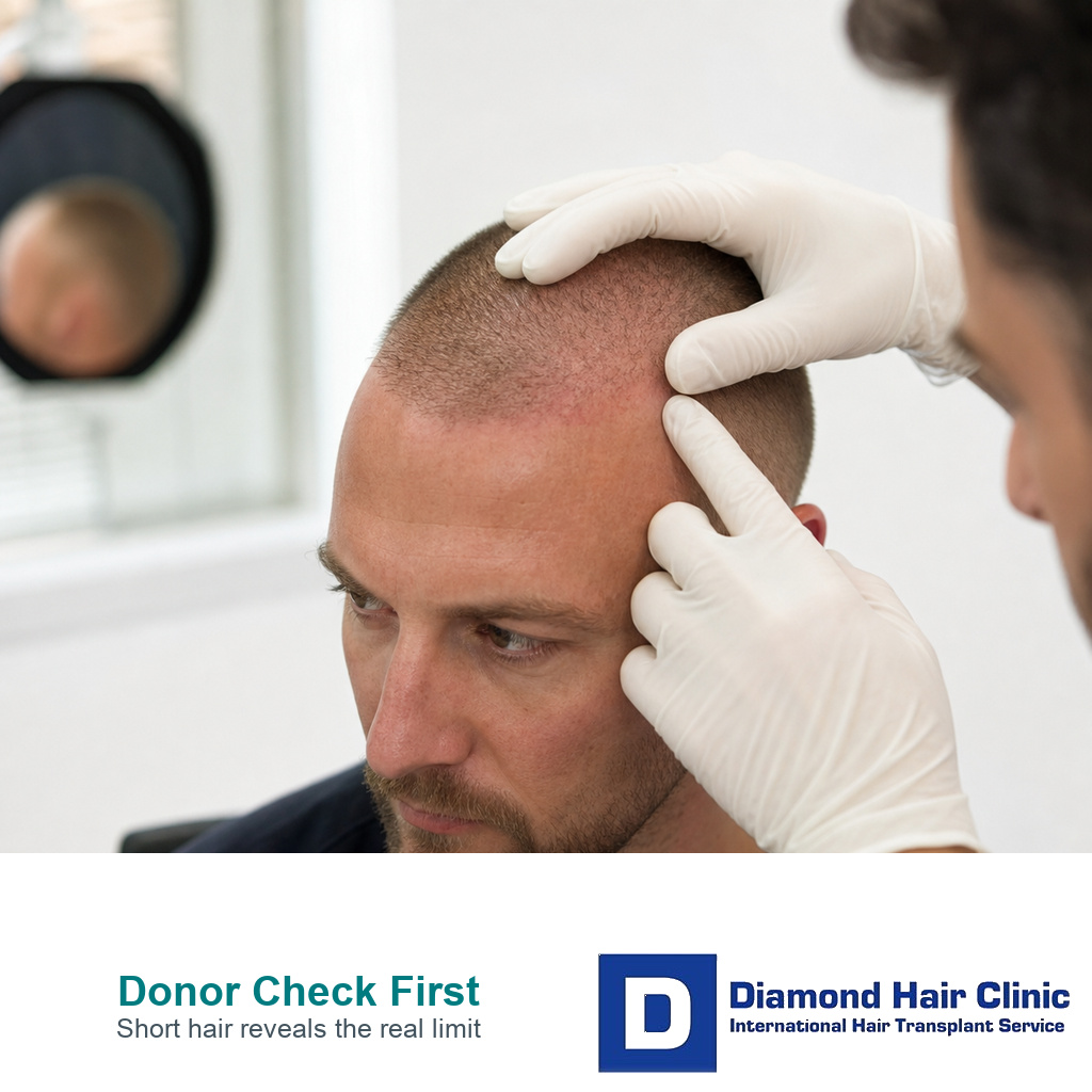 Patient with a shaved haircut discussing hairline and donor planning before hair transplant surgery