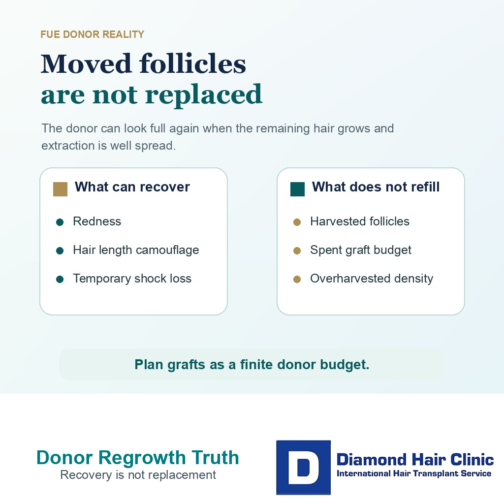 Information card explaining what can recover after FUE and what does not refill in the donor area