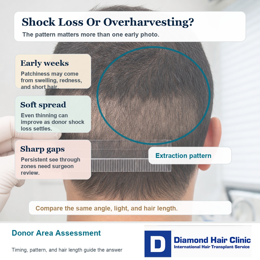 Donor area assessment visual comparing temporary patchiness with overharvesting warning signs