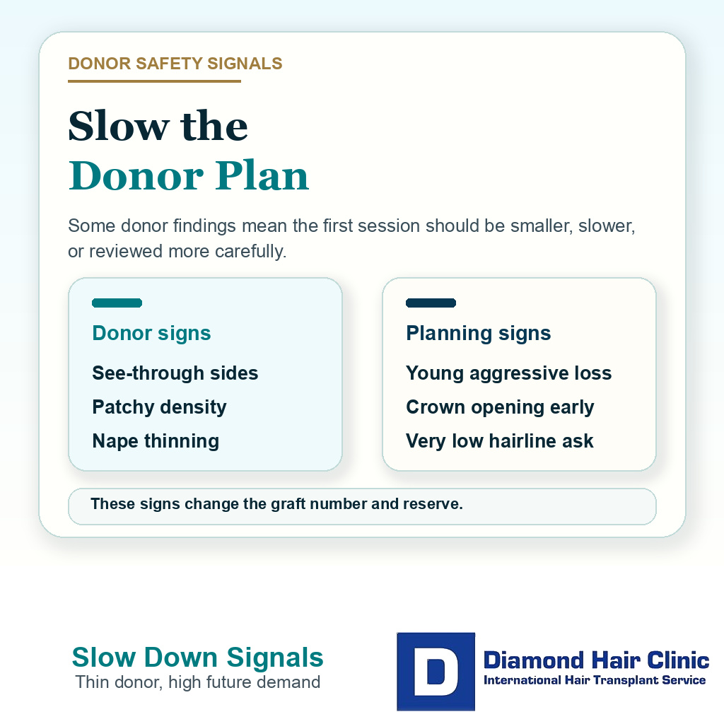 Information card listing donor and planning signs that should slow FUE graft number planning.