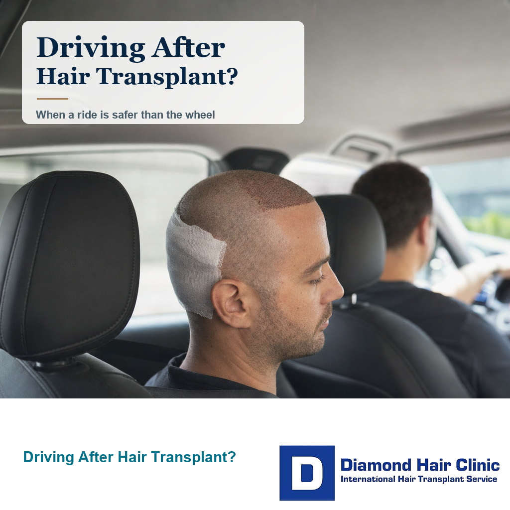 Hair transplant patient sitting in a car passenger seat after surgery while another person drives