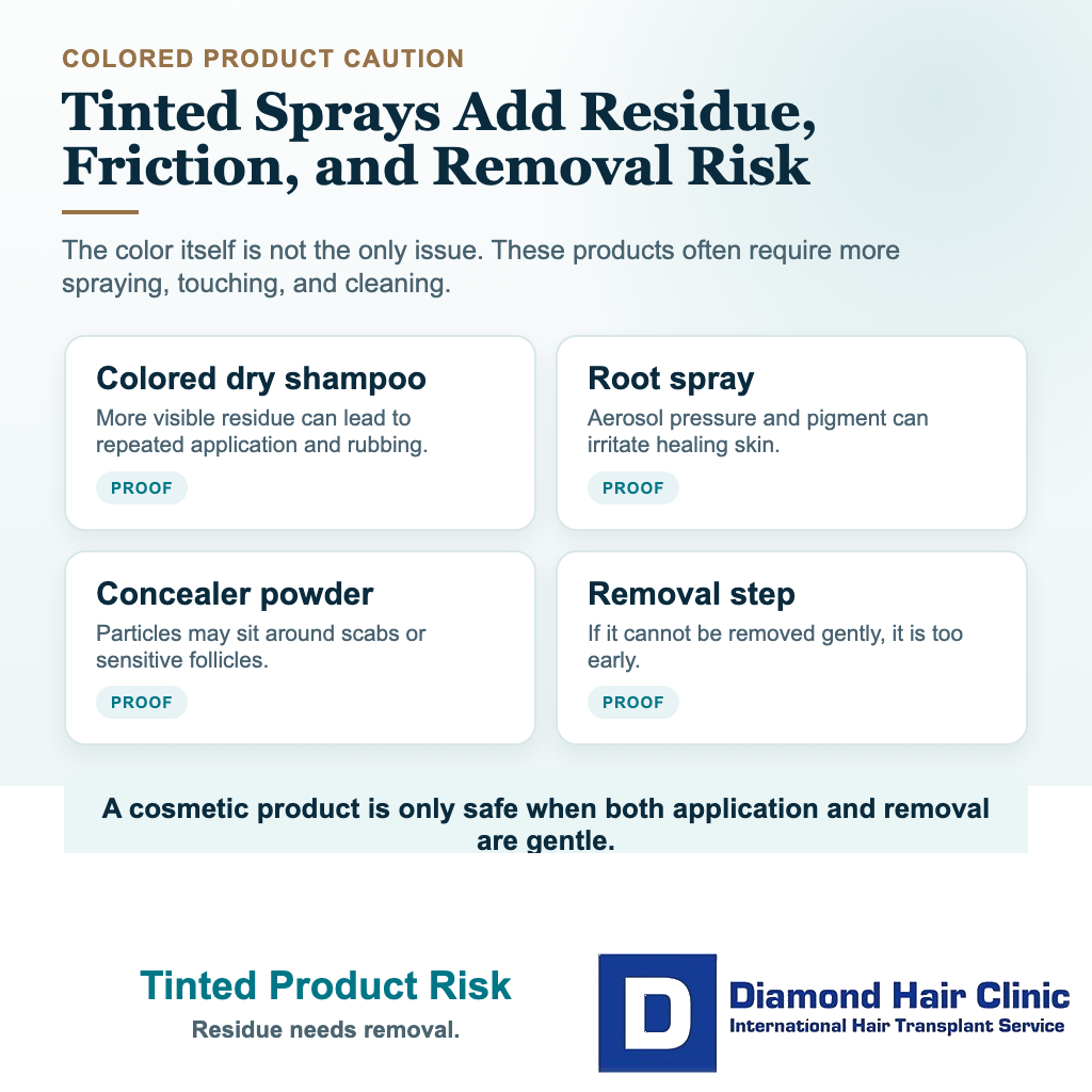 Can I Use Dry Shampoo After a Hair Transplant? visual: tinted product risk