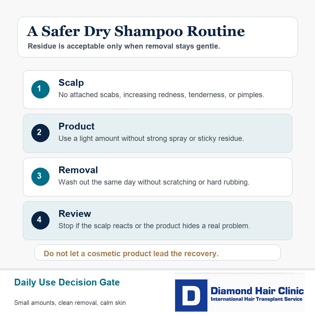 Dry shampoo safety card explaining clean scalp, light product, gentle removal, and stop signs after hair transplant surgery