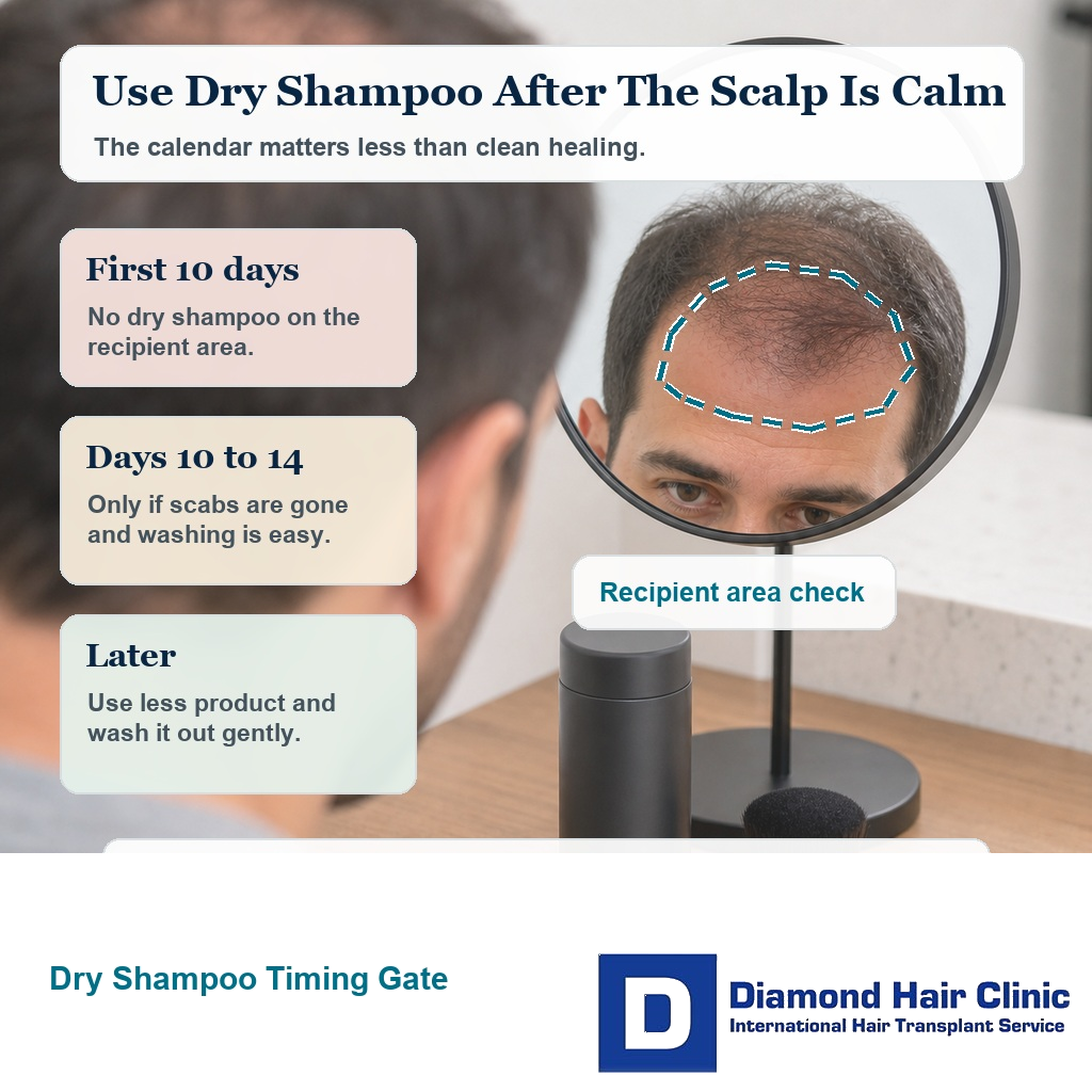 Dry shampoo timing visual showing when the scalp should be calm enough after hair transplant surgery