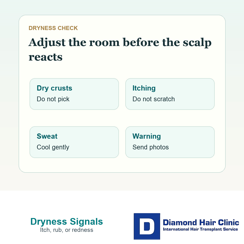 Clinical support card listing dryness itching rubbing and photo review checks after air conditioning following hair transplant