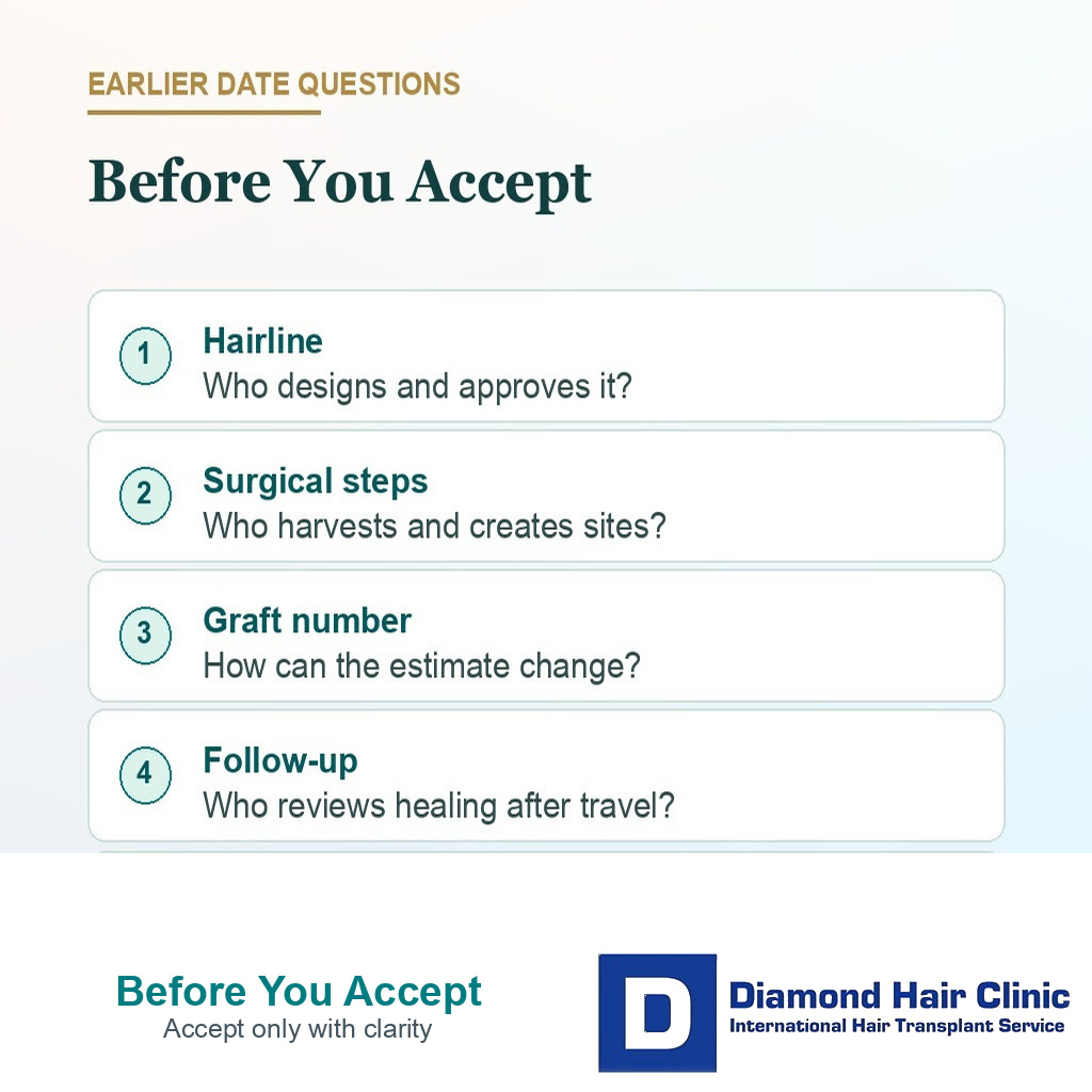 Information card listing questions to ask before accepting an earlier hair transplant cancellation date