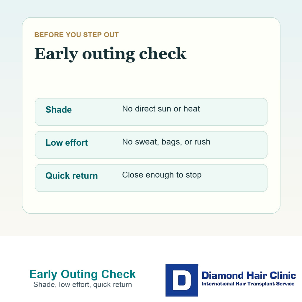Decision card for checking shade sweat graft contact and return time before going out after hair transplant