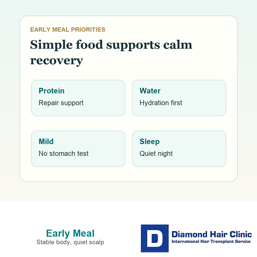 Support card showing mild food protein water and quiet sleep priorities after hair transplant