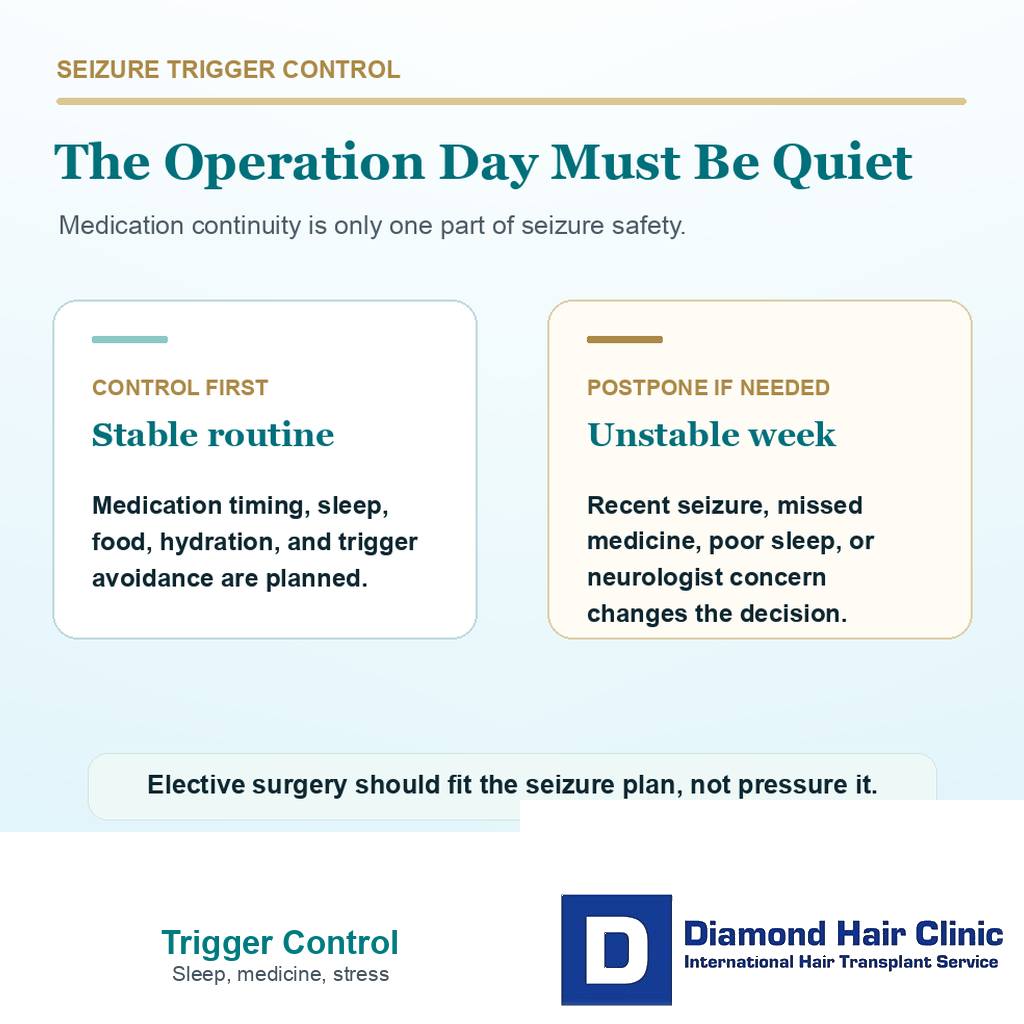 Support card showing seizure trigger control planning for hair transplant surgery in epilepsy patients