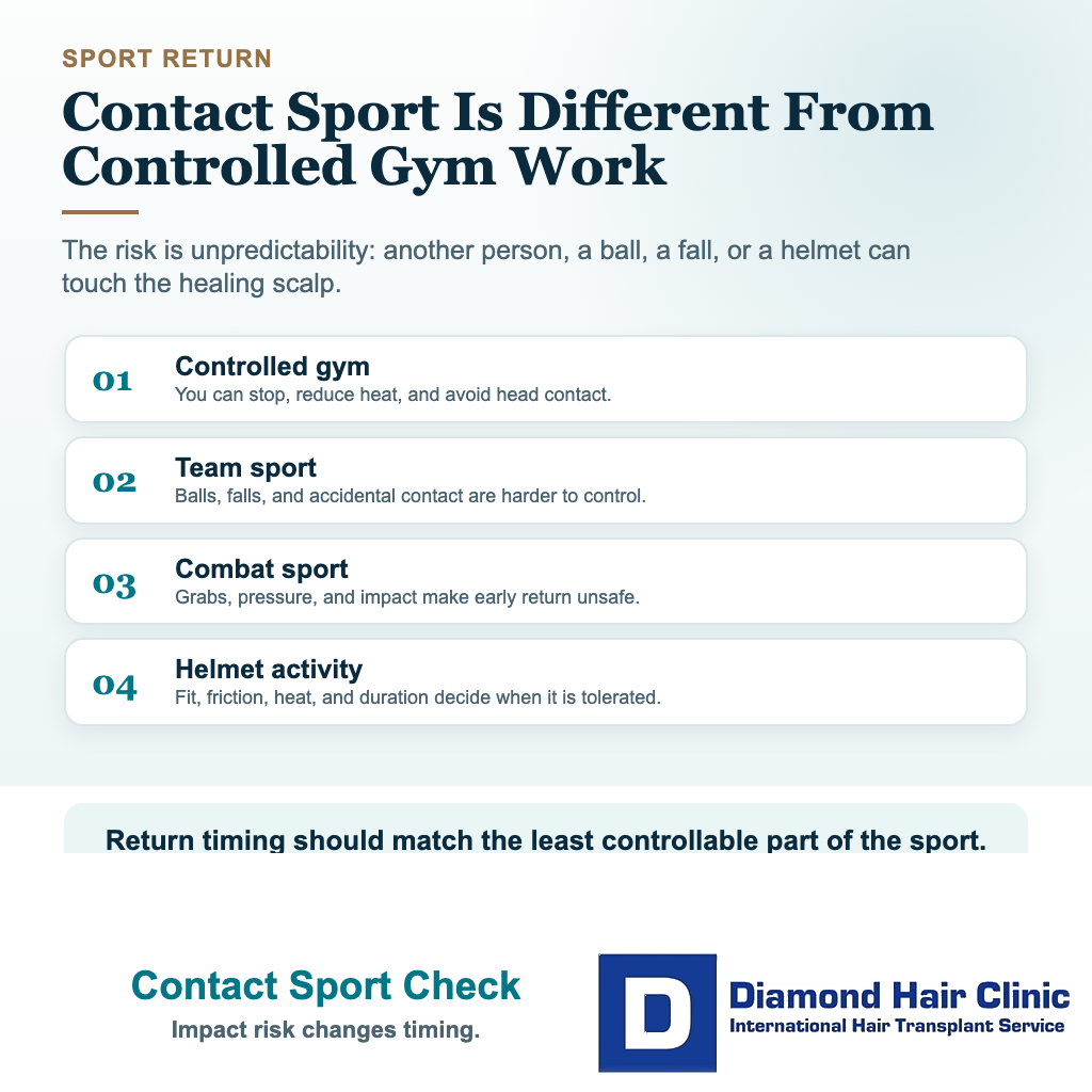 Hair transplant exercise visual explaining return to contact sports helmets and head impact risk