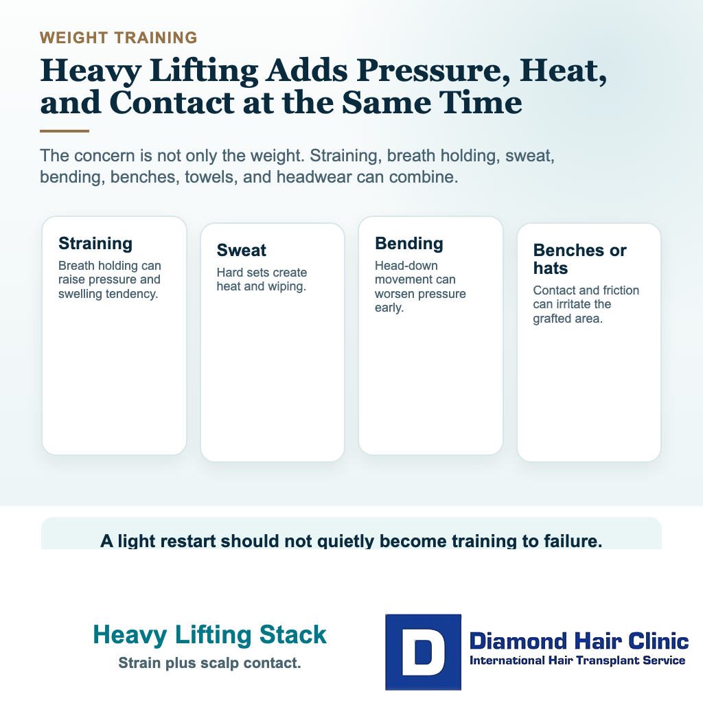Hair transplant exercise visual explaining why heavy lifting creates pressure sweat and contact risks