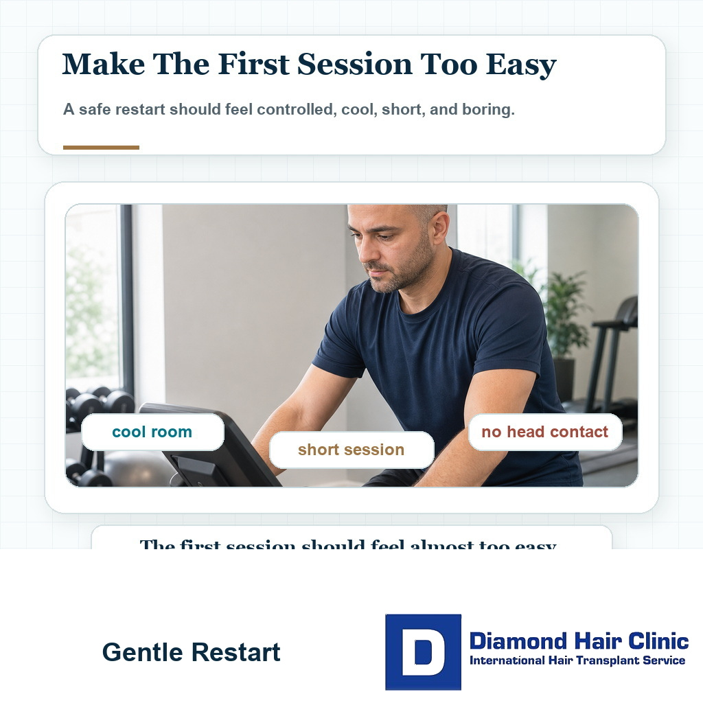 Calm low intensity gym restart after hair transplant with no sweating hat or head contact