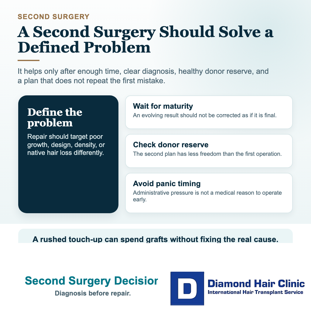 Visual explaining that a second hair transplant should wait for maturity, diagnosis, donor assessment, and a defined repair plan.