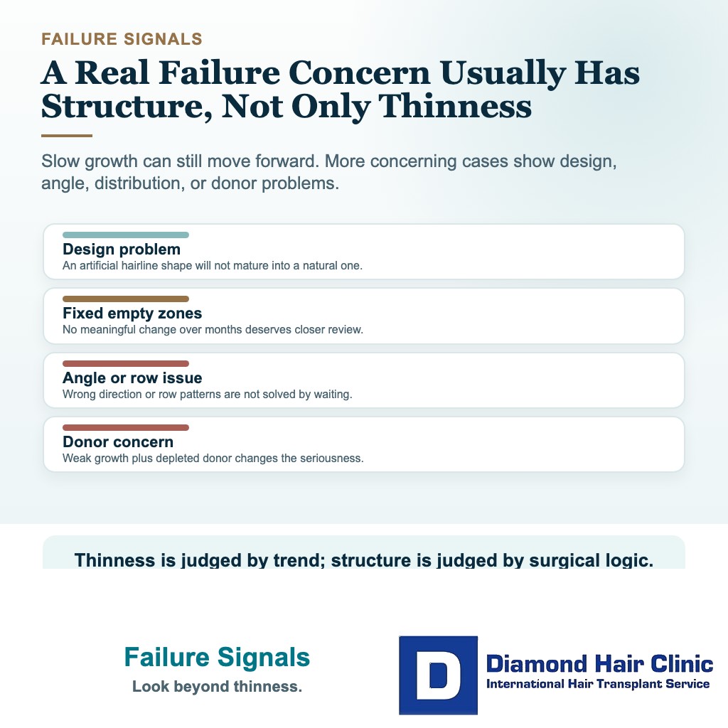 Visual explaining that true hair transplant failure concerns often involve design, angle, distribution, or donor problems, not only thinness.