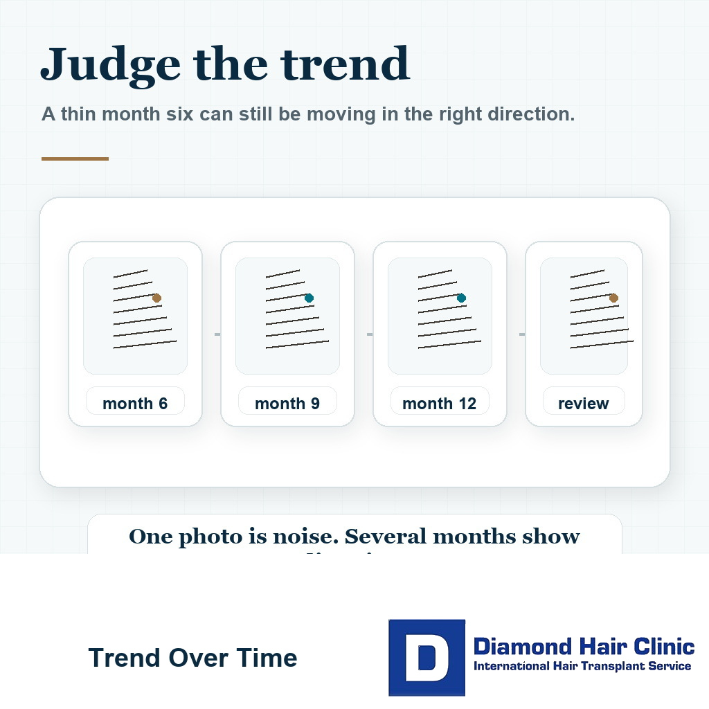 Visual explaining that hair transplant progress needs judgment as a trend over time rather than from one photo