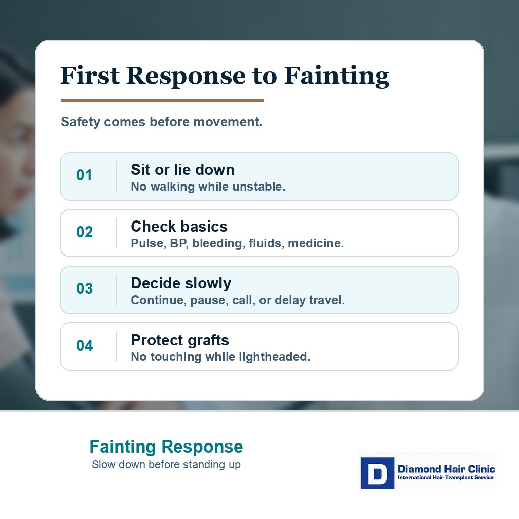 Blood pressure and clinic observation steps when a patient feels faint around hair transplant surgery