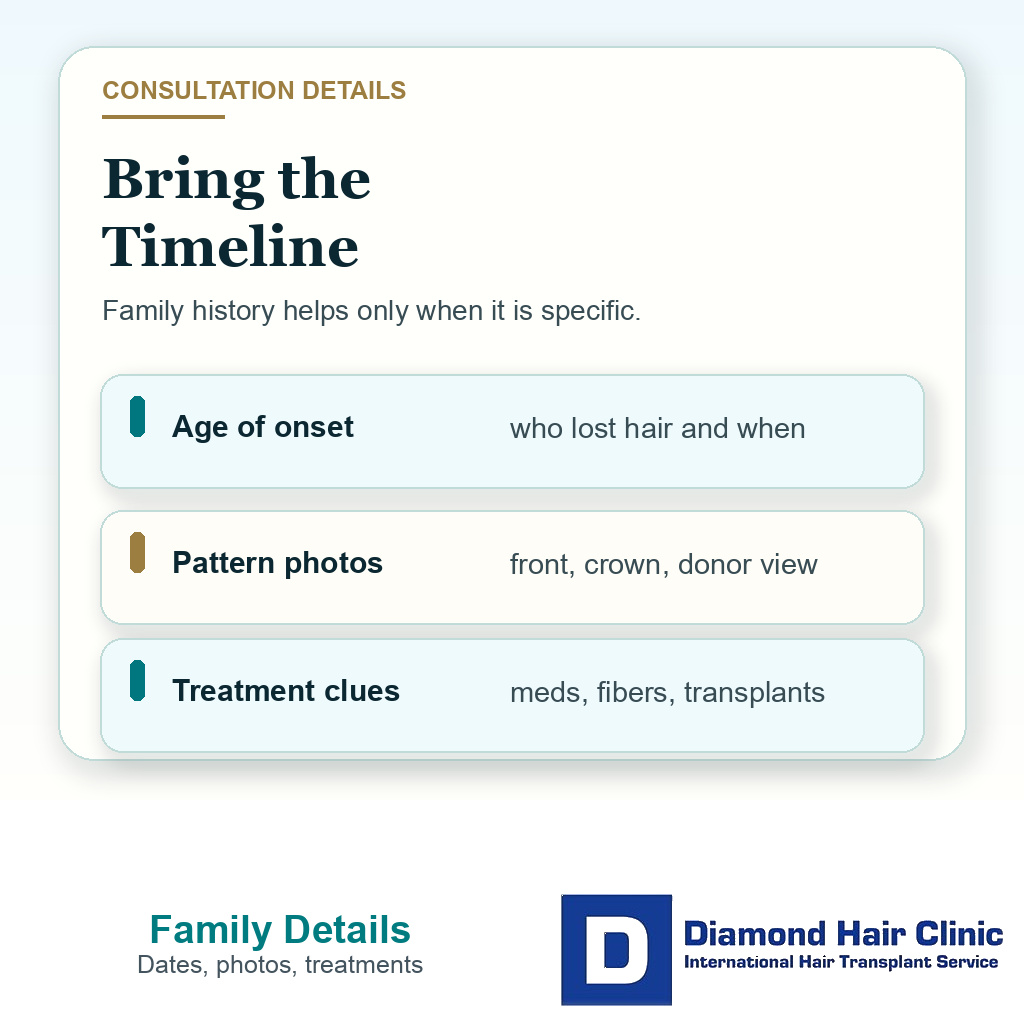 Clinical support card showing which family history details to bring to a hair transplant consultation, including age of onset, pattern photos, and treatment clues.