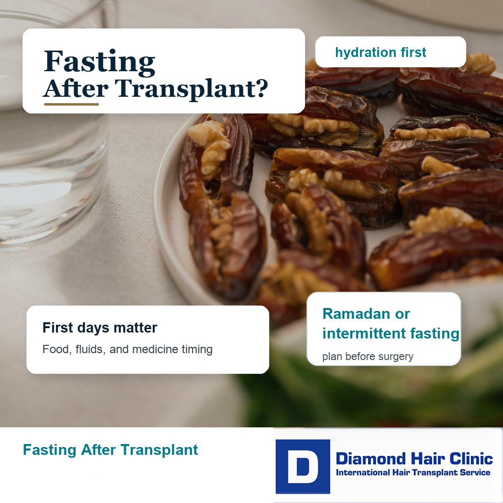 Dates, water, and recovery planning notes for fasting after a hair transplant