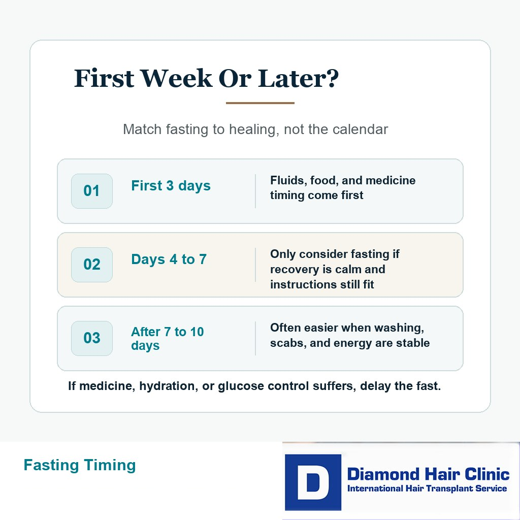 Timing card showing when fasting after a hair transplant becomes easier during early recovery
